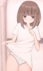  brown_eyes brown_hair clothes_lift cowboy_shot crotch_seam eating female food hair_ornament hairclip highres holding holding_food holding_popsicle indoors lifting_own_clothes looking_at_viewer medium_hair no_pants original panties polka_dot polka_dot_panties popsicle shirt shooko short_sleeves solo standing t-shirt thigh_gap underwear white_panties white_shirt 