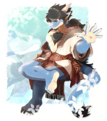  abs anothereidos_of_dragon_vein_r anthro arm_tuft barefoot black_hair blue_body blue_scales body_hair bottomwear chest_hair claws clothing countershading dragon ear_piercing ear_ring elbow_tuft feet finger_claws folker_(anothereidos_r) foot_focus hair hi_res horn jacket loincloth long_hair male muscular muscular_male mythological_creature mythological_scalie mythology oswk_h pecs piercing ponytail red_eyes ring_piercing scales scalie sitting sleeve_down solo tan_body tan_scales toe_claws topwear tuft 