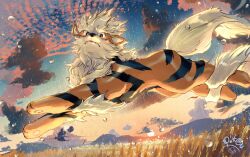  ambiguous_gender arcanine black_body black_fur canid canine canis cloud cute_fangs feral fluffy fur generation_1_pokemon hi_res looking_at_viewer mammal mane nintendo orange_body orange_fur pawpads pokemon pokemon_(species) raining running sky solo striped_body striped_fur stripes sun sunset tan_body tan_fur tan_mane tro_pikaru twilight water_droplets wheat 