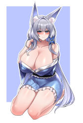  absurdres animal_ear_fluff animal_ears azur_lane bare_shoulders blue_background blue_eyes blue_hair blue_kimono blush border breasts cleavage closed_mouth collarbone colored_inner_hair commentary_request dogs_(dlrkdejr26) female fox_ears fox_girl grey_hair highres huge_breasts japanese_clothes kimono korean_commentary multicolored_hair nose_blush off_shoulder plump seiza shinano_(azur_lane) short_kimono sitting solo white_border 