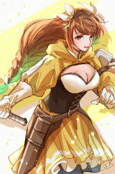  belt braid breasts brown_belt brown_hair cleavage corset female fire_emblem fire_emblem_engage gloves goldmary_(fire_emblem) hair_ribbon highres long_hair looking_at_viewer ribbon skirt solo white_gloves white_ribbon yellow_skirt yutohiroya 