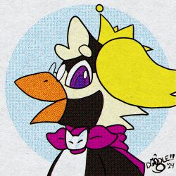  avian bird broach_(jewelry) cape clothing crown doodledoggy eyewear glasses headgear headshot_portrait headwear icon penguin portrait solo toonkind toony 