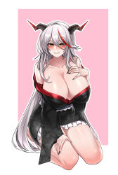  absurdres aegir_(azur_lane) azur_lane bare_shoulders black_horns black_kimono black_nails blush breasts cleavage collarbone commentary_request demon_girl demon_horns dogs_(dlrkdejr26) female fingernails frilled_kimono frills grey_hair hair_between_eyes hand_on_own_chest hand_on_own_thigh highres horns huge_breasts japanese_clothes kimono korean_commentary long_hair multicolored_hair nail_polish nose_blush off_shoulder plump red_hair seiza short_kimono sitting smile solo streaked_hair wide_sleeves yellow_eyes 