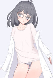  ahoge ass_visible_through_thighs black-framed_eyewear commentary cowboy_shot crotch_seam female glasses grey_eyes grey_hair grey_panties head_tilt highres lab_coat long_sleeves looking_at_viewer medium_hair no_pants off_shoulder open_mouth original panties polka_dot polka_dot_panties rectangular_eyewear shirt shooko short_sleeves solo standing t-shirt thigh_gap underwear white_shirt 