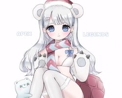  adapted_costume animal_ears animal_hands apex_legends ayukoro bad_id bad_twitter_id bear_ears blue_eyes blush breasts brudda_bear_gibraltar christmas cleavage copyright_name female fur_trim genderswap_(mtf) gibraltar_(apex_legends) gloves grey_hair hair_ornament hairclip hat long_hair looking_at_viewer paw_gloves red_hat rule_63 santa_hat sled smile solo thighhighs white_hair white_thighhighs 