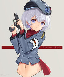  beret blue_jacket breasts character_name closed_mouth female girls&#039;_frontline gun handgun hat holding holding_gun holding_weapon ingerdoll jacket light_purple_hair looking_away mp-446_(girls&#039;_frontline) mp-446_viking navel purple_eyes red_scarf scarf short_hair small_breasts smile solo upper_body weapon 