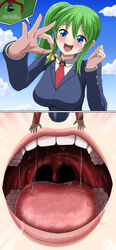  1boy absurdres blue_sky blush breasts cloud cloudy_sky dark-skinned_male dark_skin erika_(shukushou_gakuen) female giant giantess green_hair helmet highres imminent_vore jenny_secret large_breasts mini_person miniboy necktie open_mouth picking_up red_necktie saliva school_uniform shukushou_gakuen side_ponytail size_difference sky teeth tongue vore 