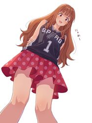  arms_behind_back basketball_jersey brown_eyes brown_hair commentary_request female from_below highres idolmaster idolmaster_cinderella_girls long_hair looking_at_viewer looking_down moroboshi_kirari national_basketball_association open_mouth polka_dot polka_dot_skirt red_skirt san_antonio_spurs simple_background skirt smile solo standing victor_wembanyama white_background yazawa_happyaro 