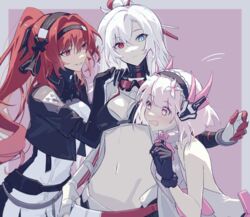  3girls alpha_(punishing:_gray_raven) bare_shoulders black_bra black_gloves black_hairband black_ribbon blonde_hair blue_eyes bra commentary dress elbow_gloves flower gloves goggles goggles_around_neck hair_between_eyes hair_flower hair_ornament hair_ribbon hairband hand_on_another&#039;s_shoulder headphones heterochromia highres liv:_lux_(punishing:_gray_raven) liv_(punishing:_gray_raven) long_hair lucia:_crimson_weave_(punishing:_gray_raven) maid_headdress mao_(expuella) multiple_girls navel pale_skin pink_eyes pink_hair ponytail punishing:_gray_raven purple_eyes red_eyes red_ribbon ribbon sidelocks symbol-only_commentary underwear vera:_garnet_(punishing:_gray_raven) vera_(punishing:_gray_raven) very_long_hair white_dress white_hair 