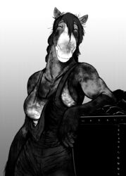  anthro arm_support breasts cleavage closed_eyes clothed clothing clydesdale coal dirty draft_horse equid equine female gradient_background greyscale hi_res hladilnik horse leaning_on_edge leaning_on_elbow mammal monochrome overalls simple_background smile solo tinker_(hladilnik) 