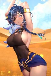  arabian_clothes blue_eyes blue_hair braid breasts commentary_request desert earrings eyepatch female fyirkingdomsis genderswap_(mtf) genshin_impact hair_ornament highres instagram_logo instagram_username jewelry kaeya_(genshin_impact) large_breasts long_hair multicolored_hair rule_63 solo thai_commentary tiktok_logo tiktok_username twitter_logo twitter_username 