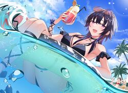  4girls :d animal_on_head ass bad_id bad_pixiv_id bikini bird bird_on_head black_bikini black_hair blue_sky blush_stickers breasts bubble cleavage closed_eyes closed_mouth cloud commentary_request crossed_bangs cup day drinking_straw eating floating food hair_ornament highres hikari_yui holding holding_cup holding_food holding_water_gun ice_cream ichinose_uruha innertube large_breasts long_hair looking_at_viewer lupinus_virtual_games multiple_girls on_head one-piece_swimsuit open_mouth orange_one-piece_swimsuit outdoors palm_tree partially_underwater_shot ponytail popsicle print_innertube purple_bikini purple_eyes red_bikini short_hair side-tie_bikini_bottom sitting sky smile solo_focus standing swim_ring swimsuit thigh_strap tree twintails virtual_youtuber vspo! water_drop water_gun waving x_hair_ornament 