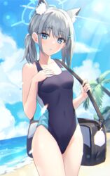  animal_ear_fluff animal_ears bag beach black_one-piece_swimsuit blue_archive blue_eyes blue_sky breasts cloud competition_swimsuit covered_navel cowboy_shot cross_hair_ornament day extra_ears female grey_hair hair_ornament halo hand_on_own_chest horizon low_ponytail medium_breasts medium_hair mismatched_pupils multicolored_clothes multicolored_swimsuit ocean official_alternate_costume one-piece_swimsuit outdoors palm_tree shiroko_(blue_archive) shiroko_(swimsuit)_(blue_archive) sky solo swimsuit tree wolf_ears yazi114 