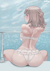  ass back backboob bad_id bad_pixiv_id bare_shoulders bikini blush breasts brown_hair cloud cloudy_sky commentary commission danganronpa_(series) danganronpa_2:_goodbye_despair feet_out_of_frame female flipped_hair frilled_bikini frills from_behind hand_in_own_hair highres horizon large_breasts looking_at_viewer looking_back median_furrow medium_hair nanami_chiaki ocean official_alternate_costume railing red_eyes sitting sky solo swimsuit water white_bikini zefrableu 