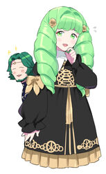  1boy bad_id bad_pixiv_id bow brother_and_sister can&#039;t_be_this_cute circlet closed_eyes commentary_request dede_(qwea_00000) drill_hair female fire_emblem fire_emblem:_three_houses flayn_(fire_emblem) garreg_mach_monastery_uniform green_eyes green_hair hair_ornament long_hair long_sleeves open_mouth seteth_(fire_emblem) siblings simple_background uniform white_background 