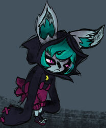  absurd_res adult_(lore) alternative_fashion blue_hair clothing female goth hair hi_res hoodie league_of_legends pink_eyes riot_games solo tencent topwear vex_(lol) yordle young 