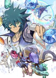  1boy card commentary cropped_torso crystal_beast_amber_mammoth crystal_beast_amethyst_cat crystal_beast_cobalt_eagle crystal_beast_emerald_tortoise crystal_beast_ruby_carbuncle crystal_beast_sapphire_pegasus crystal_beast_topaz_tiger dated_commentary dragon duel_academy_uniform_(yu-gi-oh!_gx) duel_monster e_volution extra_ears feline foreshortening gem green_eyes green_hair hair_between_eyes holding holding_card johan_andersen looking_at_viewer male_focus mammoth rainbow rainbow_dragon short_hair smile tiger tortoise turtle unicorn yu-gi-oh! yu-gi-oh!_gx 