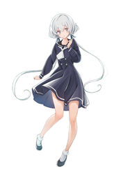  absurdres ankle_socks bare_legs black_dress black_sailor_collar bobby_socks carrion1129 commentary_request dress female full_body grey_eyes grey_hair hair_ribbon highres konno_junko long_hair looking_at_viewer low_twintails medium_dress necktie ribbon sailor_collar sailor_dress school_uniform simple_background socks solo tachi-e twintails very_long_hair white_background white_necktie white_socks zombie_land_saga 