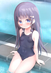  absurdres arm_support black_hair black_one-piece_swimsuit blue_eyes blue_hair blush braid breasts closed_mouth collarbone commentary_request covered_navel female hair_ornament hair_over_shoulder hairclip highres long_hair looking_at_viewer multicolored_hair old_school_swimsuit one-piece_swimsuit original poolside renew_vivi school_swimsuit sitting small_breasts smile soaking_feet solo streaked_hair swimsuit twin_braids very_long_hair water 