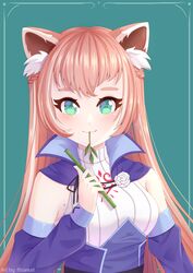  absurdres animal_ear_fluff animal_ears bamboo bare_arms breasts chest_tattoo closed_mouth crest female green_eyes groin hair_between_eyes highres long_hair maeluriart mole mole_on_breast red_panda_ears red_panda_girl tattoo virtual_youtuber virtuality_project yuria_of_ailurus 