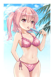  arm_behind_back bikini blue_sky cloud commentary_request eyebrows_hidden_by_hair female food highres koi_kakeru_shin-ai_kanojo long_hair looking_at_viewer matsu520 one_side_up palm_leaf pink_bikini pink_hair polka_dot polka_dot_bikini popsicle red_eyes shindou_ayane side-tie_bikini_bottom sky solo standing swimsuit tongue tongue_out 