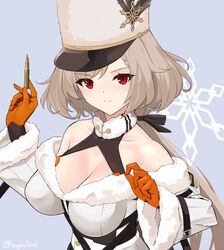  bare_shoulders blue_background breasts bullet cleavage closed_mouth coat collarbone female fur_hat girls&#039;_frontline gloves hair_ribbon hat holding holding_bullet ingerdoll kord_(girls&#039;_frontline) large_breasts light_brown_hair long_hair looking_at_viewer orange_gloves papakha red_eyes ribbon simple_background smile snowflake_print solo twitter_username upper_body white_coat white_hat winter_clothes winter_coat 