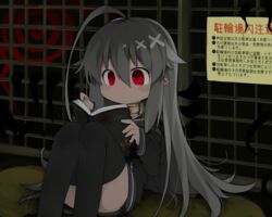  ahoge bell black_hoodie black_thighhighs blood blood_stain blush book closed_mouth collar commentary_request convenient_leg dark-skinned_female dark_skin english_text feet_out_of_frame female fence grey_hair hair_between_eyes hair_flaps hands_up holding holding_book hood hood_down hoodie huge_ahoge jingle_bell kisaragi_kaya knees_up long_hair long_sleeves metal_collar monster neck_bell on_ground open_book original pointy_ears reading red_eyes side-tie_peek sitting solo thighhighs translation_request very_long_hair yste 