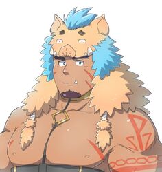  1boy bara bare_pectorals between_pectorals bodypaint brown_hair character_hood chest_harness facial_hair ganglie_(housamo) goatee gullinbursti_(housamo) harness hood hood_up large_pectorals long_sideburns looking_at_viewer male_focus muscular muscular_male nipples pectorals pig_hood short_hair sideburns solo tokyo_afterschool_summoners tusks underbust upper_body yanutorie 