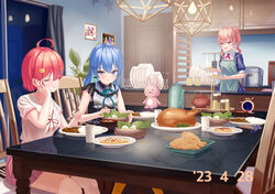  3girls absurdres ahoge alternate_costume anemachi apron aqua_hair asakura_(asa_t77) asymmetrical_hair bandaid_on_thigh black_shirt blue_eyes bow bowtie breasts chair chopsticks clock closed_eyes closed_mouth colored_inner_hair commentary_request cooking_pot counter cup curry curry_rice curtains dated dining_room dish_rack dorayaki egg_(food) feet_out_of_frame food green_apron green_bow green_bowtie hanging_light hardboiled_egg highres holding holding_chopsticks hololive hoshimachi_suisei hoshimachi_suisei_(casual) indoors long_hair medium_breasts medium_hair multicolored_hair multiple_girls neck_ribbon night omelet omurice on_chair open_mouth orange_pantyhose pantyhose picture_frame pink_eyes pink_hair pink_skirt plate puffy_short_sleeves puffy_sleeves red_ribbon ribbon rice sakura_miko sakura_miko_(school_uniform) salad shirt short_hair short_sleeves siblings side_ponytail sisters sitting skirt small_breasts spoon standing table taiyaki thighhighs thighs turkey_(food) utensil_rack virtual_youtuber wagashi white_shirt white_thighhighs window 