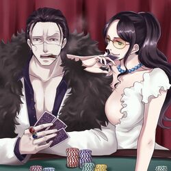  1girls artist_request black_hair breasts broad_shoulders cigar cigar_in_mouth cleavage clothed clothing collarbone crocodile dark_hair eyewear female frills fur-trimmed_coat fur_coat fur_trim gambling green_eyes jewelry long_hair looking_at_another looking_down male necklace nico_robin one_piece one_piece_film_gold open_clothes open_shirt orange-tinted_eyewear pecs playing_card poker poker_chip poker_table ponytail ring rings round_glasses scar scar_across_face single_earring sir_crocodile smile smoking sunglasses tagme tinted_eyewear unbuttoned_shirt white_clothing yellow-tinted_eyewear 