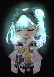  :d bailingxiao_jiu bare_shoulders black_background black_bow black_footwear black_kimono blue_hair blush bow butterfly_earrings chibi closed_eyes commentary earrings facing_viewer female floral_print full_body glowing glowing_hair gradient_hair hair_bun hairbow highres hololive japanese_clothes jewelry kimono medium_hair multicolored_hair oerba_yun_fang off_shoulder open_mouth pink_hair print_kimono sandals simple_background single_hair_bun single_side_bun smile socks solo standing symbol-only_commentary tabi uruha_rushia uruha_rushia_(new_year) virtual_youtuber white_socks zouri 