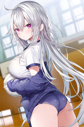  absurdres ahoge ass ball basketball_hoop blue_buruma blue_jacket blurry blurry_background blush breasts buruma closed_mouth commentary_request depth_of_field female grey_hair hair_between_eyes highres holding holding_ball indoors jacket kamioka_shun&#039;ya large_breasts long_sleeves looking_at_viewer looking_back off_shoulder open_clothes open_jacket original pointy_ears puffy_long_sleeves puffy_sleeves purple_eyes shiori_(kamioka_shun&#039;ya) shirt short_sleeves sleeves_past_wrists solo sunlight sweat volleyball volleyball_(object) white_shirt window 