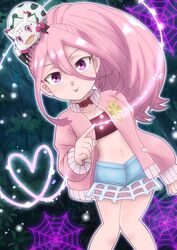  2girls arthropod_girl asukamama89 bug crop_top hair_between_eyes heart highres jacket kemono_jihen kumo_desu_ga_nani_ka? kumoko_(kumo_desu_ga_nani_ka?) multiple_girls navel pink_eyes pink_hair pink_jacket pointing purple_eyes shorts silk spider spider_girl spider_web tademaru_aya tongue tongue_out trait_connection 