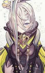  armor asymmetrical_clothes blush bodysuit breastplate breasts fate/grand_order fate_(series) female gauntlets green_hair grey_bodysuit grey_eyes hair_between_eyes hair_ornament hairpin high_collar highleg huyan_zhuo_(fate) huyan_zhuo_(second_ascension)_(fate) kamui_natsuki large_breasts leaning_forward long_hair looking_at_viewer multicolored_hair pauldrons shoulder_armor single_pantsleg solo streaked_hair thighs translation_request very_long_hair white_hair 