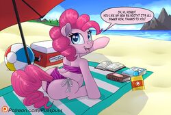  2020 beach bikini blue_eyes clothing dialogue earth_pony english_text equid equine female feral friendship_is_magic fur hasbro horse looking_at_viewer looking_back mammal my_little_pony open_mouth pink_body pink_fur pinkie_pie_(mlp) pony pregnant pregnant_female pusspuss seaside solo speech_bubble swimwear teeth text tongue 