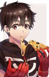  1boy black_hair black_jacket eating food gloves highres hood hood_down jacket kemono_jihen kusaka_kabane looking_at_viewer maji_(majibomber) male_focus pizza pizza_slice red_eyes red_gloves short_hair simple_background solo thick_eyebrows upper_body zipper 