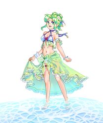  bare_shoulders bikini bracelet commentary female fire_emblem fire_emblem:_the_sacred_stones fire_emblem_heroes flower full_body green_eyes green_hair green_sarong hair_flower hair_ornament highres jewelry l&#039;arachel_(fire_emblem) l&#039;arachel_(summer)_(fire_emblem) meriaiwaki_fe navel official_alternate_costume open_mouth sarong solo swimsuit water white_background white_bikini 