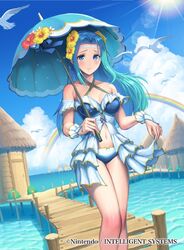  bird blue_eyes blue_hair blush breasts cleavage cloud day dock female fiora_(fire_emblem) fiora_(summer)_(fire_emblem) fire_emblem fire_emblem:_the_blazing_blade fire_emblem_cipher fire_emblem_heroes flower frills hair_flower hair_ornament hata_(pixiv4102938) headband light_blue_hair midriff official_art outdoors rainbow seagull swimsuit umbrella 