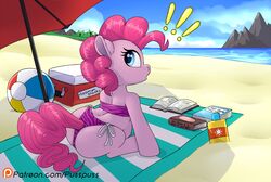  2020 beach bikini blue_eyes clothing earth_pony equid equine exclamation_point female feral friendship_is_magic fur hasbro horse looking_back mammal my_little_pony pink_body pink_fur pinkie_pie_(mlp) pony pregnant pregnant_female pusspuss seaside solo swimwear 