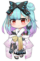  :&gt; bailingxiao_jiu bare_shoulders black_bow black_footwear black_kimono blue_hair blush bow butterfly_earrings chibi closed_mouth commentary earrings female floral_print full_body gradient_hair hair_bun hairbow hololive japanese_clothes jewelry kimono long_hair looking_at_viewer multicolored_hair off_shoulder print_kimono purple_hair red_eyes sandals simple_background single_hair_bun single_side_bun smile socks solo standing streaked_hair symbol-only_commentary tabi uruha_rushia uruha_rushia_(new_year) virtual_youtuber white_background white_socks zouri 