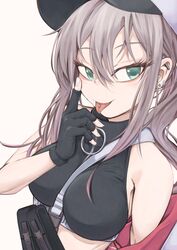  aqua_eyes ar-57_(girls&#039;_frontline) arm_up black_gloves black_tank_top breasts closed_mouth crop_top ear_piercing female fingerless_gloves fingernails girls&#039;_frontline gloves hair_between_eyes highres index_finger_raised kuzumotsu long_hair looking_at_viewer medium_breasts piercing platinum_blonde_hair solo tank_top tongue tongue_out tongue_piercing upper_body white_background white_headwear 