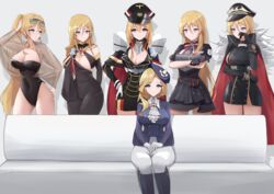  6+girls absurdres ascot azur_lane bismarck_(azur_lane) bismarck_(beacon_of_the_iron_blood)_(azur_lane) bismarck_(iron_black_elysium)_(azur_lane) bismarck_zwei_(azur_lane) bismarck_zwei_(crystal-clear_holiday)_(azur_lane) black_cape black_dress black_footwear black_gloves black_headwear black_one-piece_swimsuit blonde_hair blue_eyes boots bow bowtie breasts cape casual_one-piece_swimsuit chinese_commentary cleavage commentary_request couch covered_navel cross crossed_arms dress eyewear_on_head frown fur-trimmed_cape fur_trim gaizhuang_no_tianlangxing-shiriasu gloves hat highres hood_(azur_lane) hood_(gentlewoman_and_stallion)_(azur_lane) iron_cross knee_boots large_breasts looking_at_another looking_at_viewer meme multiple_girls multiple_persona one-piece_swimsuit pants peaked_cap piper_perri_surrounded_(meme) purple_headwear purple_shirt riding_boots riding_outfit see-through shirt sitting smile sunglasses swimsuit tight_clothes tight_pants white_ascot white_gloves yuri 