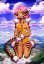  :d animal_ears animal_print arm_at_side barefoot blue_sky bob_cut body_fur breasts brown_fur cat_girl cloud cloudy_sky commentary commission dark-skinned_female dark_skin day dress earth_(planet) english_commentary facial_mark female full_body fur-trimmed_dress fur_anklet fur_cuffs fur_trim furry furry_female gem genzoman grass hand_on_own_arm jewelry kneeling looking_at_viewer merle_(tenkuu_no_escaflowne) mixed-language_commentary mountain mountainous_horizon necklace on_ground open_mouth outdoors parted_bangs pendant pink_hair planet pointy_ears purple_eyes red_gemstone rock short_dress short_hair sitting sky sleeveless sleeveless_dress small_breasts smile solo striped striped_tail tail teeth tenkuu_no_escaflowne upper_teeth_only wariza whisker_markings yellow_dress 