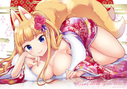  2020 animal_ear_fluff animal_ears blonde_hair blue_eyes blush breasts cleavage closed_mouth collarbone commentary_request female floral_print flower fox_ears fox_tail furisode hair_flower hair_ornament happy_new_year japanese_clothes kimono large_breasts lips long_hair long_sleeves looking_at_viewer lying miyano_ururu multiple_tails new_year obi off_shoulder original red_flower sash smile solo tail 