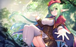  anastigal_elmar_engel_berglund beret blue_ribbon blurry blurry_foreground blush breasts brown_skirt cloak closed_mouth commentary_request commission depth_of_field elf feet_out_of_frame female green_eyes green_hair hat hood hood_down hooded_cloak iris_mysteria! knees_up long_sleeves looking_at_viewer medium_breasts neck_ribbon pleated_skirt pointy_ears red_cloak red_hat ribbon skeb_commission skirt smile solo tahya thighhighs 