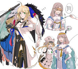  1boy absurdres ahoge angry armor armored_dress arthropod_boy arthropod_limbs artoria_caster_(fate) artoria_caster_(first_ascension)_(fate) artoria_caster_(third_ascension)_(fate) artoria_pendragon_(fate) bare_shoulders black_gloves black_thighhighs blue_cape blush bob_cut bow bracelet breastplate breasts brown_gloves bug butterfly_wings cape closed_eyes collared_shirt commentary cowboy_shot crown cup ddlcclia diamond_hairband dress eating elbow_gloves eyebrows eyelashes eyes_visible_through_hair facial_mark fate/grand_order fate_(series) female fur-trimmed_cape fur_trim gloves green_eyes grey_hair grey_headwear grey_skirt hair_ribbon hairbow half-closed_eyes highres insect_wings jewelry juliet_sleeves long_hair long_sleeves marmyadose_(fate) medium_breasts mini_crown multicolored_wings oberon_(fate) parted_bangs puffy_short_sleeves puffy_sleeves red_ribbon ribbon robe shirt short_hair short_sleeves side_slit simple_background skirt sleeping sleeve_cuffs sleeveless sleeveless_dress smirk speech_bubble symbol-only_commentary teeth thighhighs twintails two-sided_cape two-sided_fabric upper_teeth_only white_background white_robe white_shirt wings 