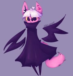  albino anthro bat clothing dreamer eyewear female floating_wings fluffy fluffy_tail full-length_portrait fur glasses haika_nephti hair hi_res mammal multi_eye multi_mouth pink_body pink_fur portrait purple_clothing purple_shirt purple_topwear purple_tunic shirt solo tail topwear tunic white_hair xiao_soninja yellow_eyes 