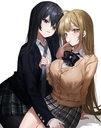  2girls absurdres arm_support bad_id bad_pixiv_id black_bow black_bowtie black_eyes black_hair black_jacket black_necktie blush bow bowtie breasts brown_cardigan brown_eyes brown_hair cardigan chungu closed_mouth collared_shirt commentary_request hand_on_another&#039;s_thigh highres jacket large_breasts long_hair long_sleeves looking_at_viewer multiple_girls necktie necktie_grab neckwear_grab original parted_lips plaid plaid_skirt pleated_skirt school_uniform shirt simple_background skirt smile thighs white_background white_shirt yuri 