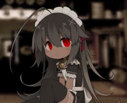  alternate_costume apron bell between_legs black_dress black_thighhighs blurry blurry_background closed_mouth collar commentary_request dark-skinned_female dark_skin dress enmaided expressionless female flat_chest frilled_apron frilled_dress frilled_sleeves frills gloves grey_hair hair_between_eyes hair_flaps hair_ribbon hand_between_legs jingle_bell kisaragi_kaya knee_up light_blush long_hair looking_at_viewer maid maid_headdress metal_collar neck_bell original puffy_short_sleeves puffy_sleeves red_eyes red_ribbon ribbon short_sleeves sitting solo thighhighs very_long_hair white_apron white_gloves yste 