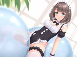  balloon black_bow black_garter black_one-piece_swimsuit black_sleeves blue_eyes blush bow bow_swimsuit breasts bridal_garter brown_hair casual_one-piece_swimsuit cleavage covered_navel detached_collar detached_sleeves female frilled_one-piece_swimsuit frills highleg highleg_swimsuit maid maid_headdress maid_one-piece_swimsuit medium_breasts one-piece_swimsuit original parted_lips puffy_detached_sleeves puffy_sleeves sasaame short_hair sitting solo spread_legs swimsuit thighhighs unconventional_maid underbust white_bow white_thighhighs wrist_cuffs 